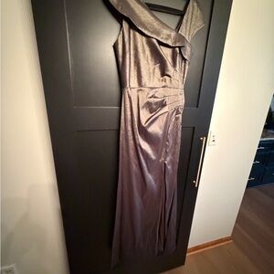 Xscape One Shoulder Metallic Gray Dress
